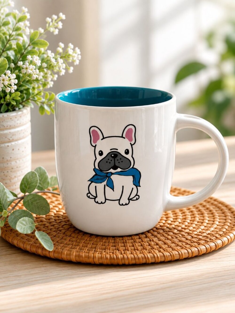 French Bulldog "You Had Me At Woof!" 12 oz Ceramic Coffee Mug Turquoise Interior